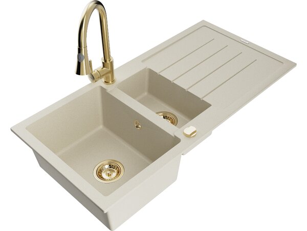 Mexen Andres lavello in granito 1,5 vasche con scolapiatti e miscelatore da cucina Elia, beige - 6515-69-670101-50