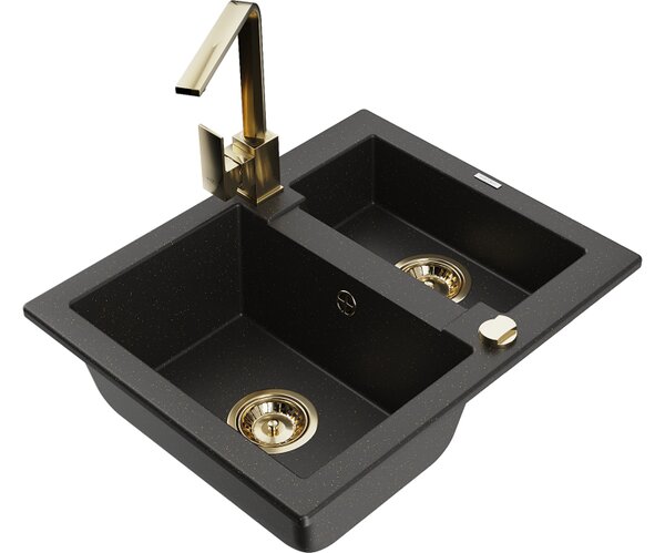 Mexen Carlos lavello in granito 1,5 vasche con miscelatore cucina Rita, nero/oro metallizzato - 6518-75-670300-50