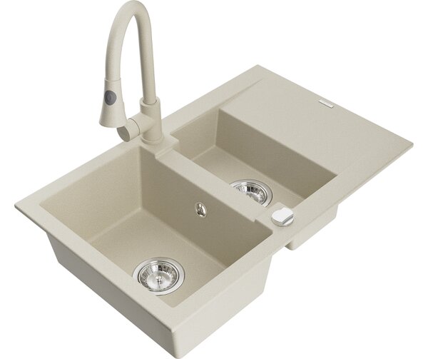 Mexen Gaspar lavello in granito 1,5 vasca con sgocciolatoio e miscelatore da cucina Elia, beige - 6507-69-670101-69