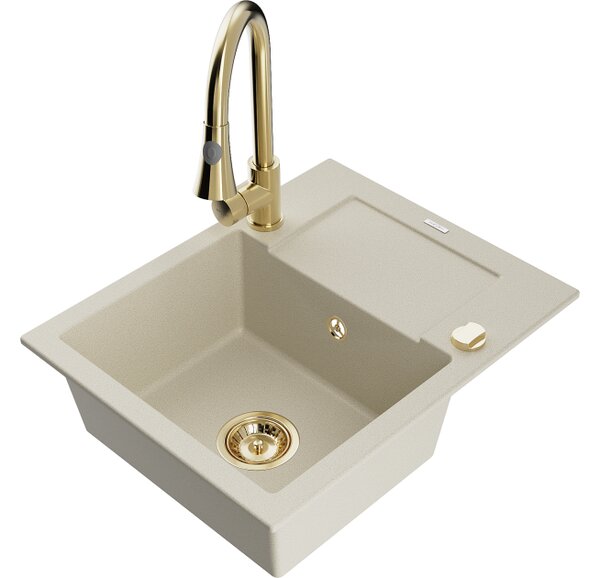 Mexen Enzo lavello in granito a 1 vasca con scolapiatti e rubinetto da cucina Elia, beige - 6506-69-670101-50