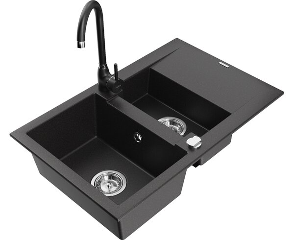 Mexen Gaspar lavello in granito 1,5 vasca con sgocciolatoio e rubinetto Telma, nero - 6507-77-670200-70