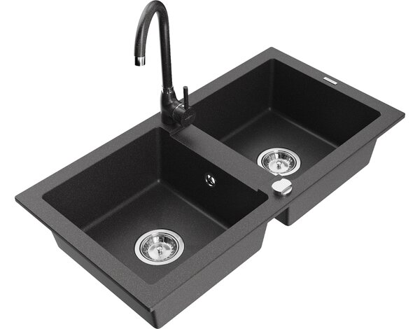 Mexen Mario lavello in granito a 2 vasche con rubinetto da cucina Telma, nero screziato - 6504-76-670200-76