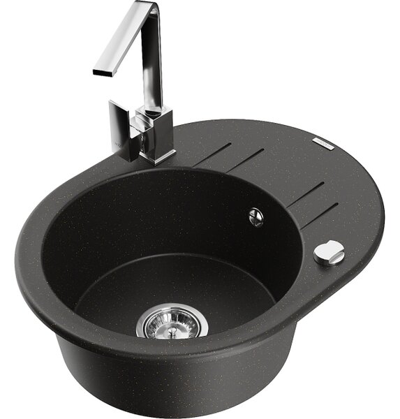 Mexen Kevin lavello in granito a 1 vasca con scolapiatti e rubinetto da cucina Rita, nero/oro metallizzato - 6517-75-670300-00