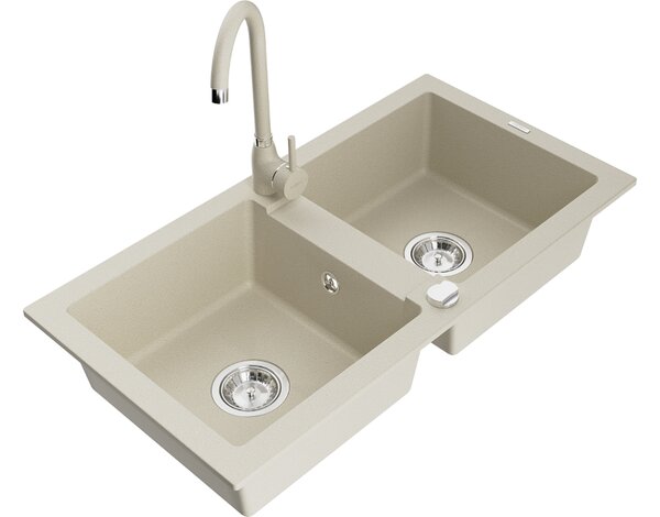 Mexen Mario lavello da cucina in granito a 2 vasche con rubinetto Telma, beige - 6504-69-670200-69