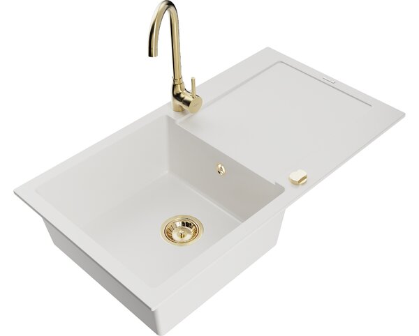 Mexen Leo lavello da cucina in granito a 1 vasca con scolapiatti e miscelatore Telma, bianco - 6501-20-670200-50