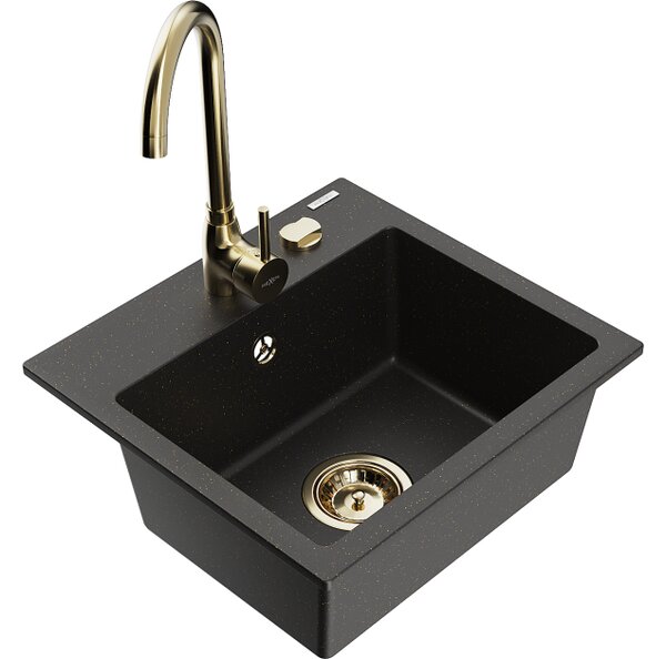 Mexen Milo lavello in granito 1-vasca con rubinetto da cucina Telma, nero/oro - 6505-75-670200-50