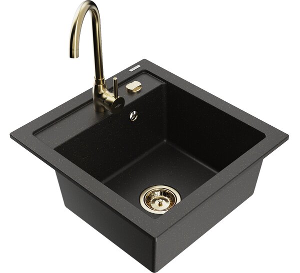 Mexen Vito lavello in granito a 1 vasca con rubinetto da cucina Telma, nero/oro metallico - 6503-75-670200-50