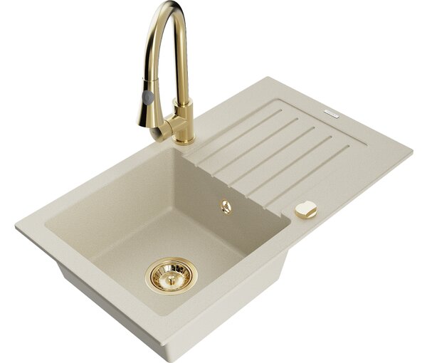 Mexen Pablo lavello in granito 1-vasca con sgocciolatoio e miscelatore cucina Elia, beige - 6510-69-670101-50