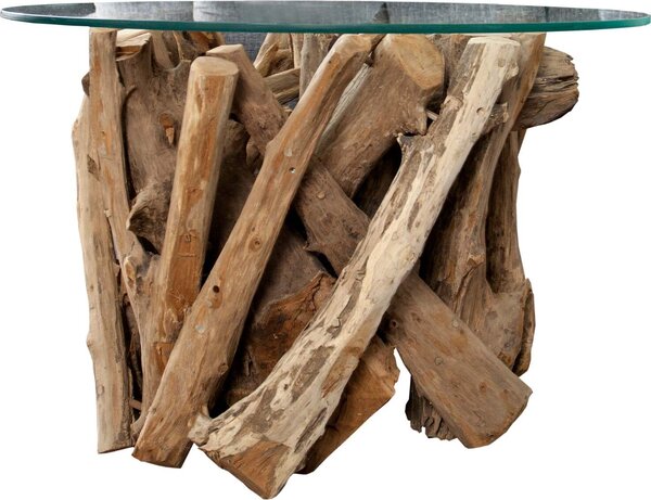 Tavolino design NATURE LOUNGE in legno di teak con piano rotondo in vetro Tavolino da salotto Tavolino da divano