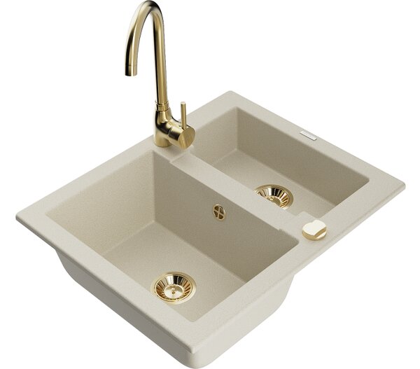 Mexen Carlos lavello da cucina in granito 1,5 vasca con rubinetto Telma, beige - 6518-69-670200-50
