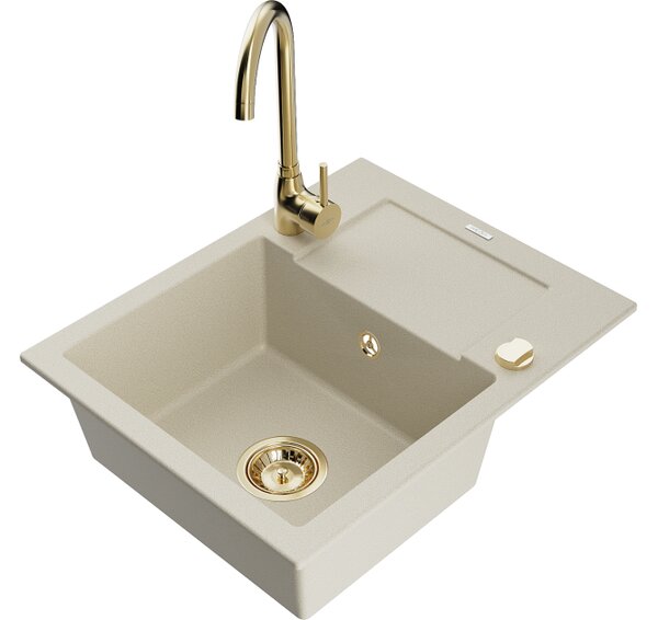 Mexen Enzo lavello da cucina in granito, 1 vasca con gocciolatoio e miscelatore Telma, beige - 6506-69-670200-50