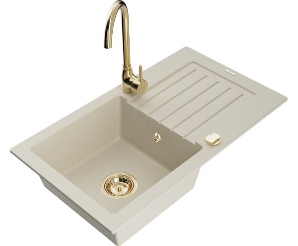 Mexen Pablo lavello in granito a 1 vasca con scolapiatti e rubinetto da cucina Telma, beige - 6510-69-670200-50