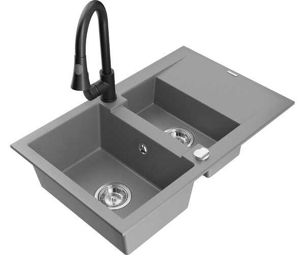 Mexen Gaspar lavello in granito 1,5 vasca con sgocciolatoio e rubinetto da cucina Elia, grigio - 6507-71-670101-70