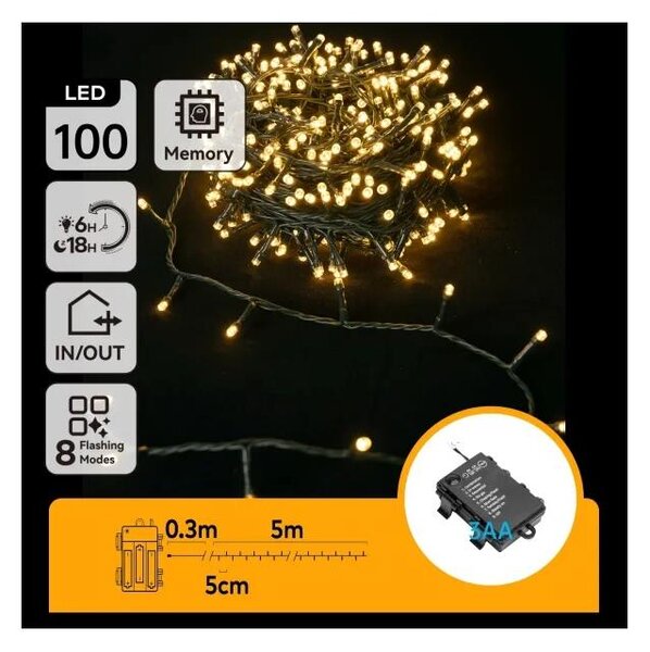 Aigostar - Catena luminosa LED da esterno 100xLED/8 funzioni 3xAA 5,3 m IP44 bianco caldo