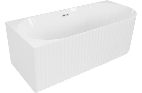 Mexen Gia vasca da bagno freestanding ad angolo sinistro rigato 150 x 75 cm, bianco lucido, troppo pieno nichel spazzolato