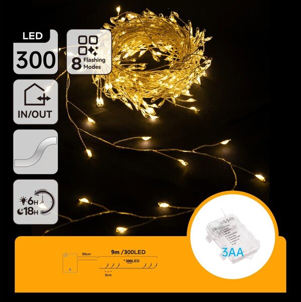 Aigostar - Catena luminosa natalizia LED da esterno 300 LED/8 funzioni 3xAA 9,3m IP44 bianco caldo