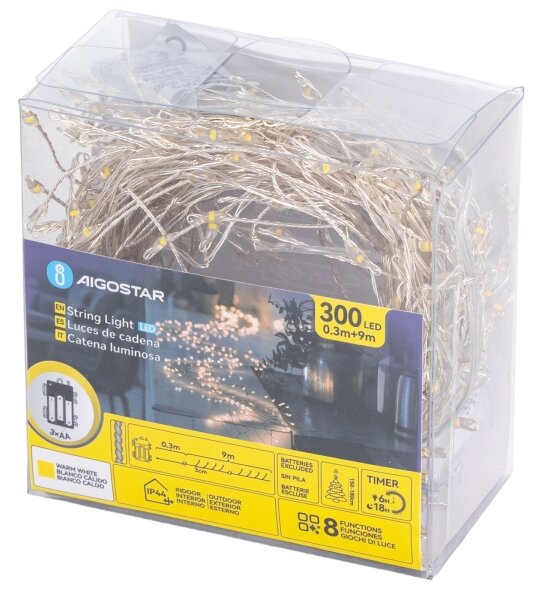 Aigostar - Catena luminosa natalizia LED da esterno 300 LED/8 funzioni 3xAA 9,3m IP44 bianco caldo