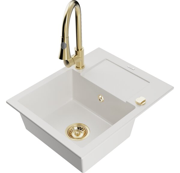 Mexen Enzo lavello in granito a 1 vasca con sgocciolatoio e miscelatore cucina Elia, bianco - 6506-20-670101-50