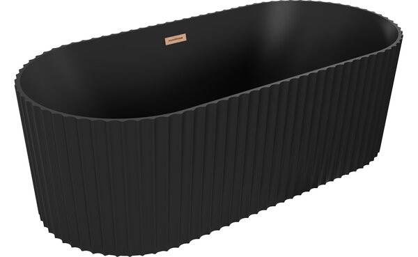 Mexen Paola vasca da bagno freestanding scanalata 170 x 80 cm, nero opaco, troppo pieno in rame spazzolato - 52721708071-65
