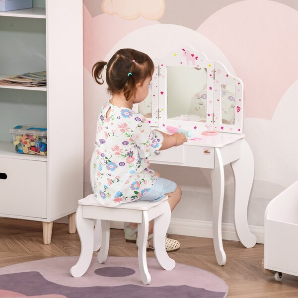 HOMCOM Toeletta per Bambini con Sgabello in Legno, Tavolo Trucco con Triplo Specchio e Cassetto, 63x40x85.5cm, Bianco|Aosom
