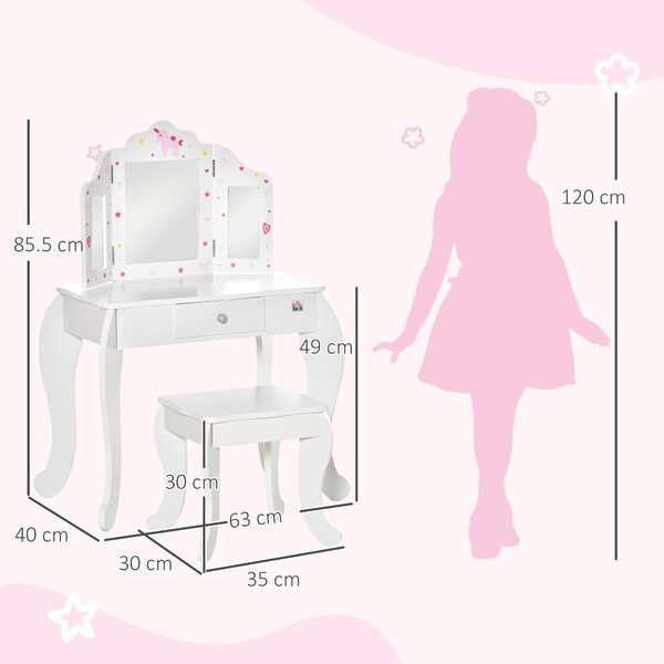 HOMCOM Toeletta per Bambini con Sgabello in Legno, Tavolo Trucco con Triplo Specchio e Cassetto, 63x40x85.5cm, Bianco|Aosom