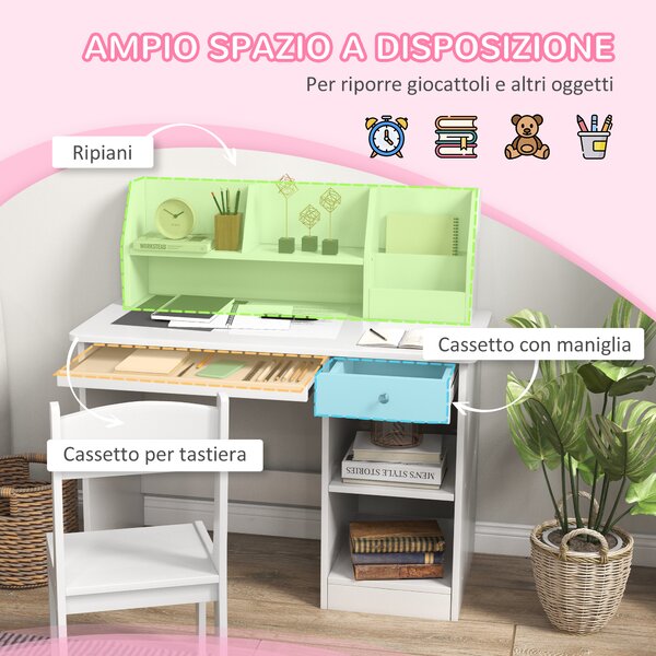 ZONEKIZ Set Tavolo e Sedie per Bambini da 5-8 Anni con Scaffale Integrato e Mensola Estraibile in Legno Bianco per Studio e Gioco|Aosom Italy