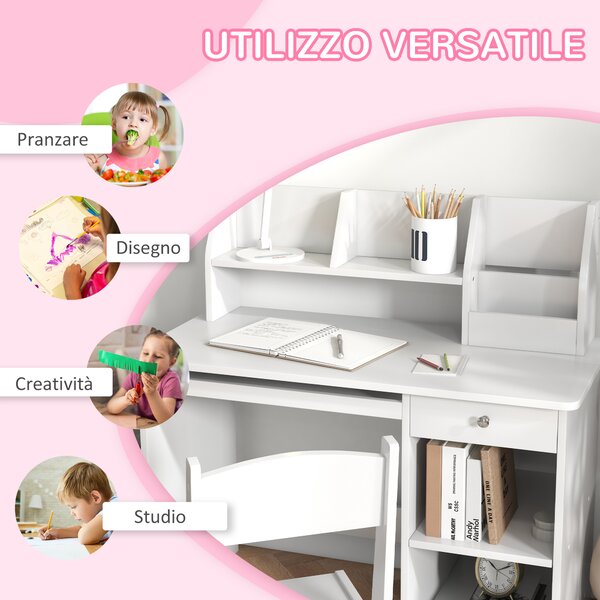 ZONEKIZ Set Tavolo e Sedie per Bambini da 5-8 Anni con Scaffale Integrato e Mensola Estraibile in Legno Bianco per Studio e Gioco|Aosom Italy