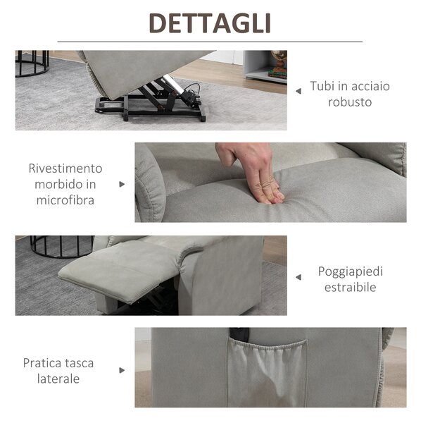 HOMCOM Poltrona Alzapersona Reclinabile 150° max con Telecomando e Poggiapiedi, 75x93x110 cm, Grigio | Aosom Italy