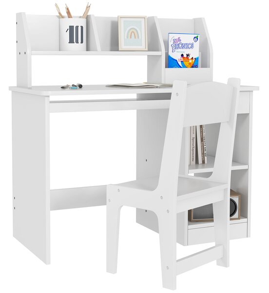 ZONEKIZ Set Tavolo e Sedie per Bambini da 5-8 Anni con Scaffale Integrato e Mensola Estraibile in Legno Bianco per Studio e Gioco|Aosom Italy