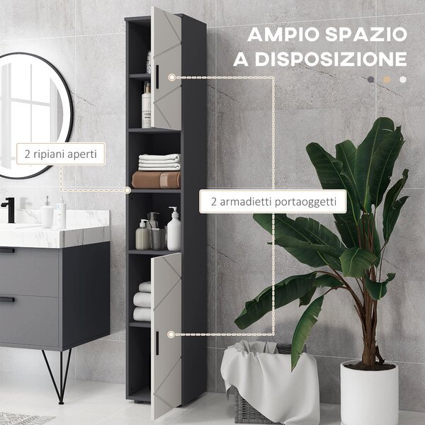 Kleankin Colonna Bagno in Truciolato con 2 Ripiani Aperti e 2 Armadietti a 2 Livelli, 30x30x183 cm, Grigio|Aosom