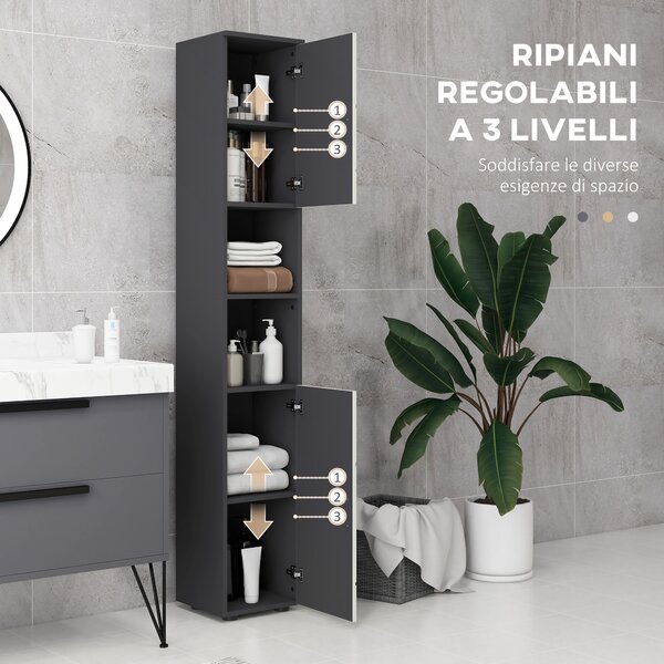 Kleankin Colonna Bagno in Truciolato con 2 Ripiani Aperti e 2 Armadietti a 2 Livelli, 30x30x183 cm, Grigio|Aosom