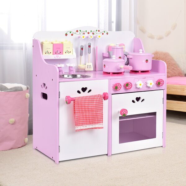 Costway Giocattolo da cucina per bambini in legno a tema fragole con accessori 13 pezzi 60x30x62cm Rosa