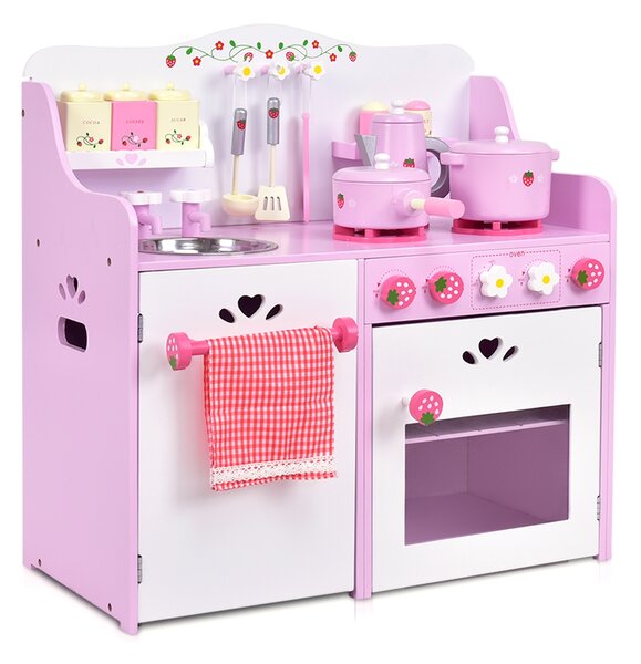 Costway Giocattolo da cucina per bambini in legno a tema fragole con accessori 13 pezzi 60x30x62cm Rosa