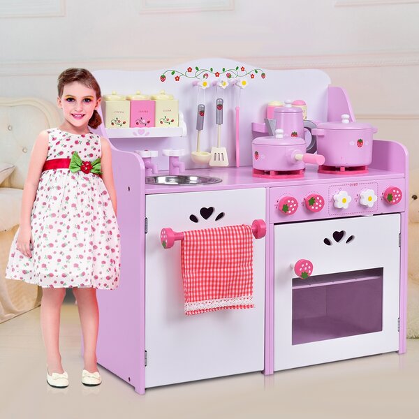 Costway Giocattolo da cucina per bambini in legno a tema fragole con accessori 13 pezzi 60x30x62cm Rosa