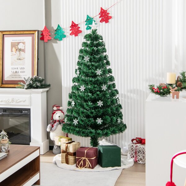 Costway 150cm Albero di natale artificiale in fibra ottica con 170 rami, 24 luci LED fiocchi di neve e stella