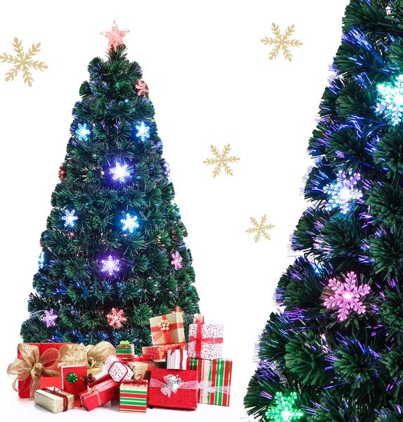 Costway 150cm Albero di natale artificiale in fibra ottica con 170 rami, 24 luci LED fiocchi di neve e stella