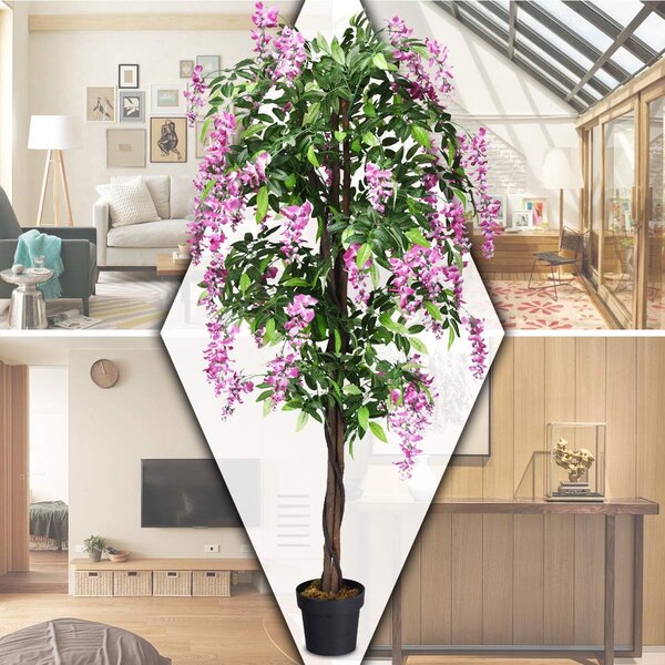 Costway Albero artificiale con fiori glicine 180cm Pianta artificiale decorativa in vaso da arredo interno Rosa