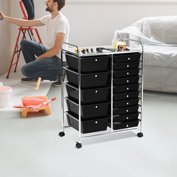 Costway Carrello cassettiera multiuso con 15 cassettiera in plastica da cucina Contenitore con ruote Nero