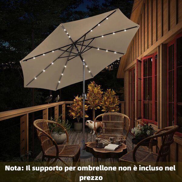 Costway Ombrellone con luci LED da giardino in ferro Ø300cm Parasole da esterno spaggia Marrone