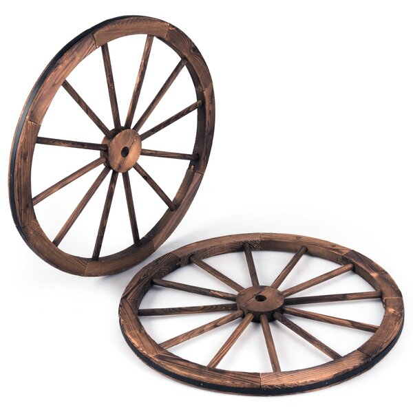 Costway Set di 2 ruote decorative in legno da giardino, Carrello ruota decorazione da parete 76x76x3,5cm