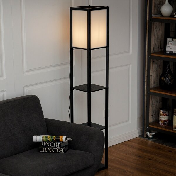 Costway Scaffale legno con lampada per salone camera da letto studio, Lampada da terra con paralume e 3 mensole Nero
