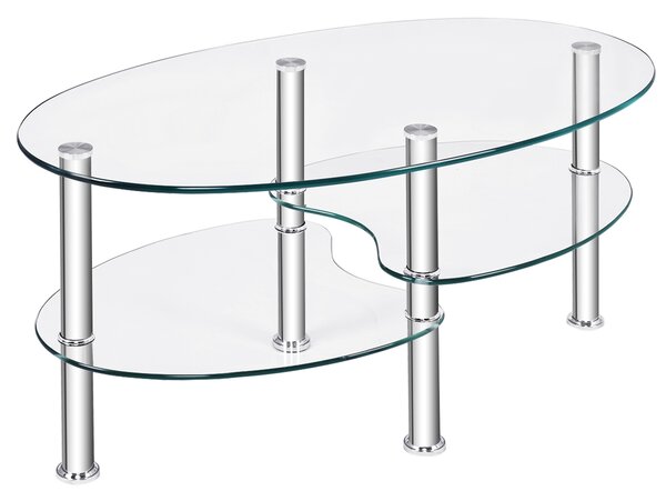 Costway Tavolino da caffè in vetro a 3 ripiani da salotto Tavolo da tè con design ovale per casa e ufficio 89x51x45cm Trasparente