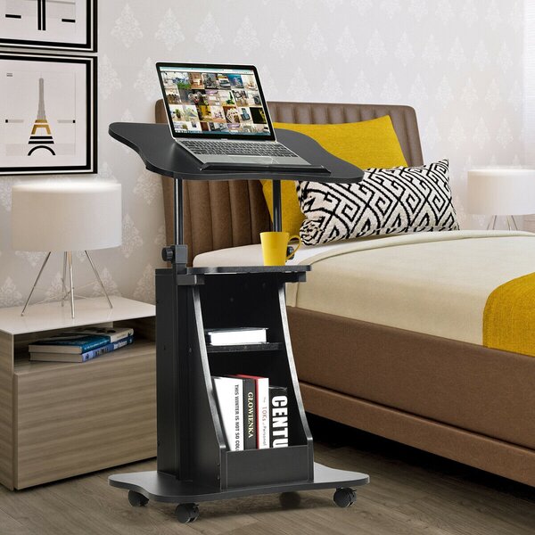 Costway Carrello porta computer regolabile in altezza, Tavolo porta pc con superficie girevole da casa e ufficio con ruote, Nero