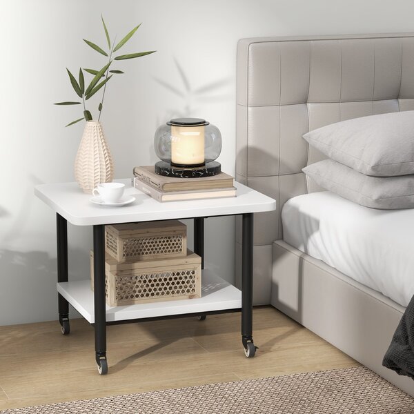 Costway Tavolino in legno multifunzione con ruote girevoli, Mobiletto carrello con 2 ripiani 49x40x37cm Bianco e nero