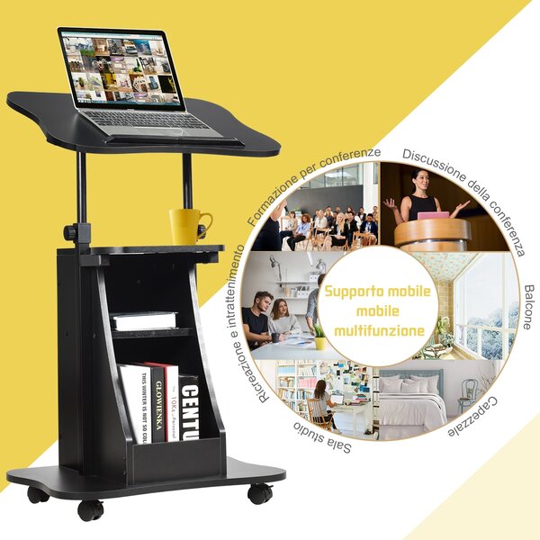 Costway Carrello porta computer regolabile in altezza, Tavolo porta pc con superficie girevole da casa e ufficio con ruote, Nero