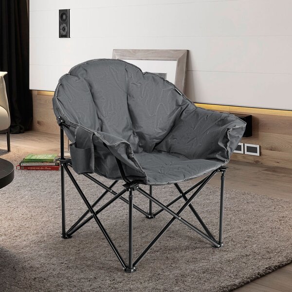 Costway Sedia pieghevole da campeggio, Sedia rotonda con cuscino porta bicchiere e borsa di trasporto, Grigio