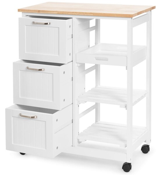 Costway Carrello da cucina in legno di gomma, Carrellino con vassoio 2 mensole e 3 cassetti, Bianco