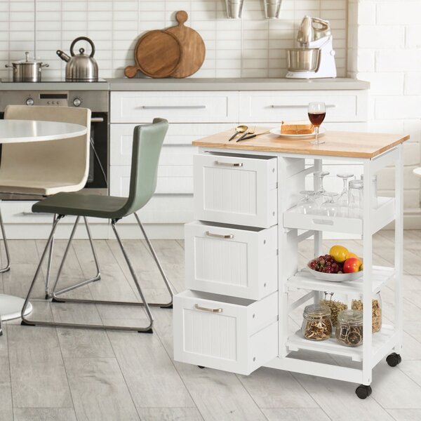 Costway Carrello da cucina in legno di gomma, Carrellino con vassoio 2 mensole e 3 cassetti, Bianco