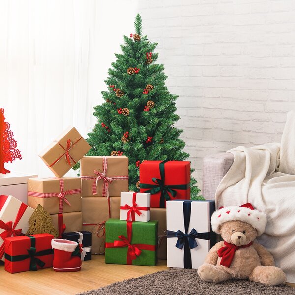 Costway Albero di Natale 135 cm 516 rami, Abete artificiale con base resistente di metallo pigne decorative