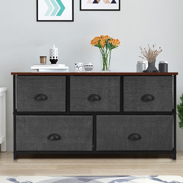 Costway Organizer con 5 cassetti, Cassettiera con struttura in ferro e scompartimenti in tessuto, Nero